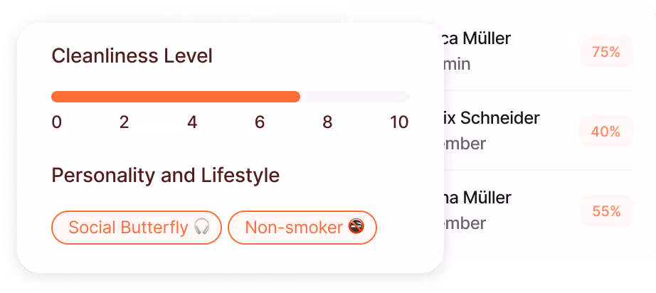 App screen showing roommate search filters with details for age range, start date, and lifestyle preference sliders for quietness, cooking frequency, and cleanliness.