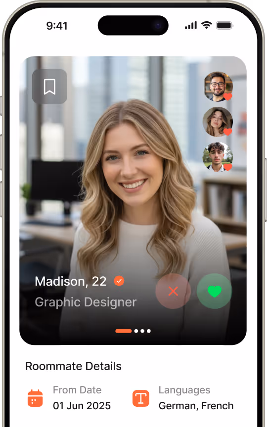 UI screen showing Profile of a girl in a roommate search app showing languages German and French and move-in date