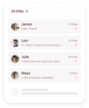 App UI of direct message inbox showing conversations with potential roomates and with unread message counts and timestamps.