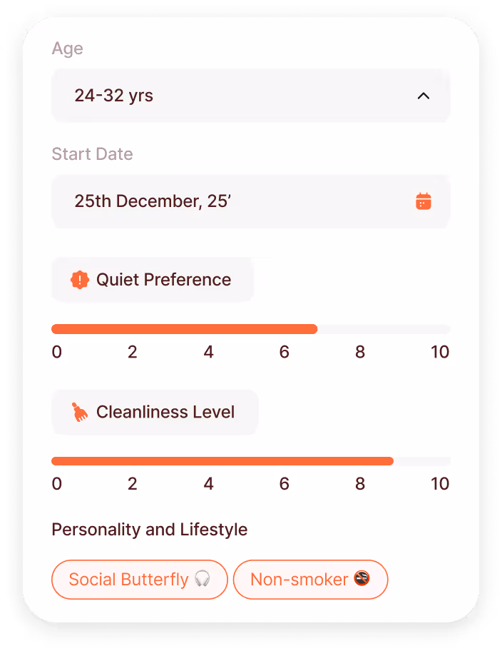 User profile filters showing age range 24-32 years, start date 25th December, quiet preference rated about 6 out of 10, cleanliness level rated about 8 out of 10, and personality traits labeled Social Butterfly and Non-smoker.