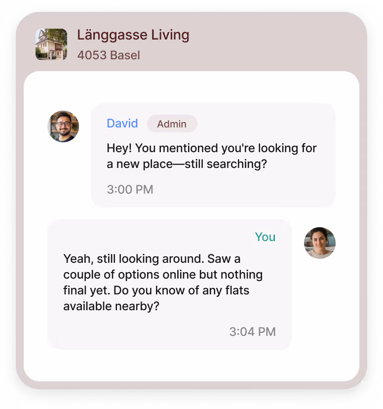 Chat interface between an admin, and a user discussing apartment searches near Basel, with profile pictures and timestamps.