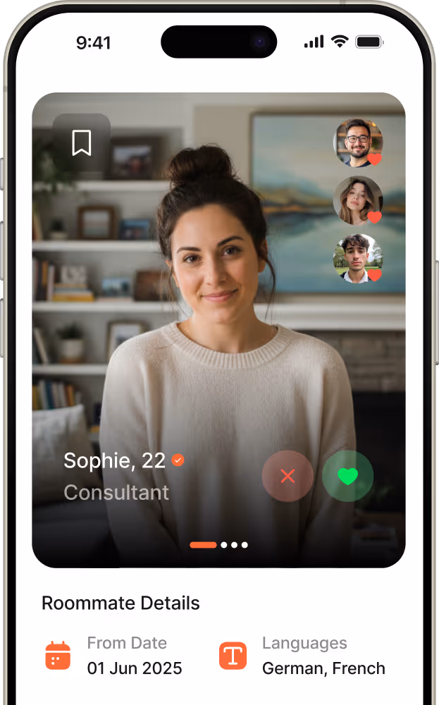Profile of a girl for roommate matching in app interface showing start date and languages