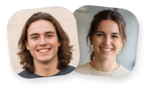 Portraits of a smiling young man with shoulder-length hair and a smiling young woman with hair tied back, both against a light gray background.