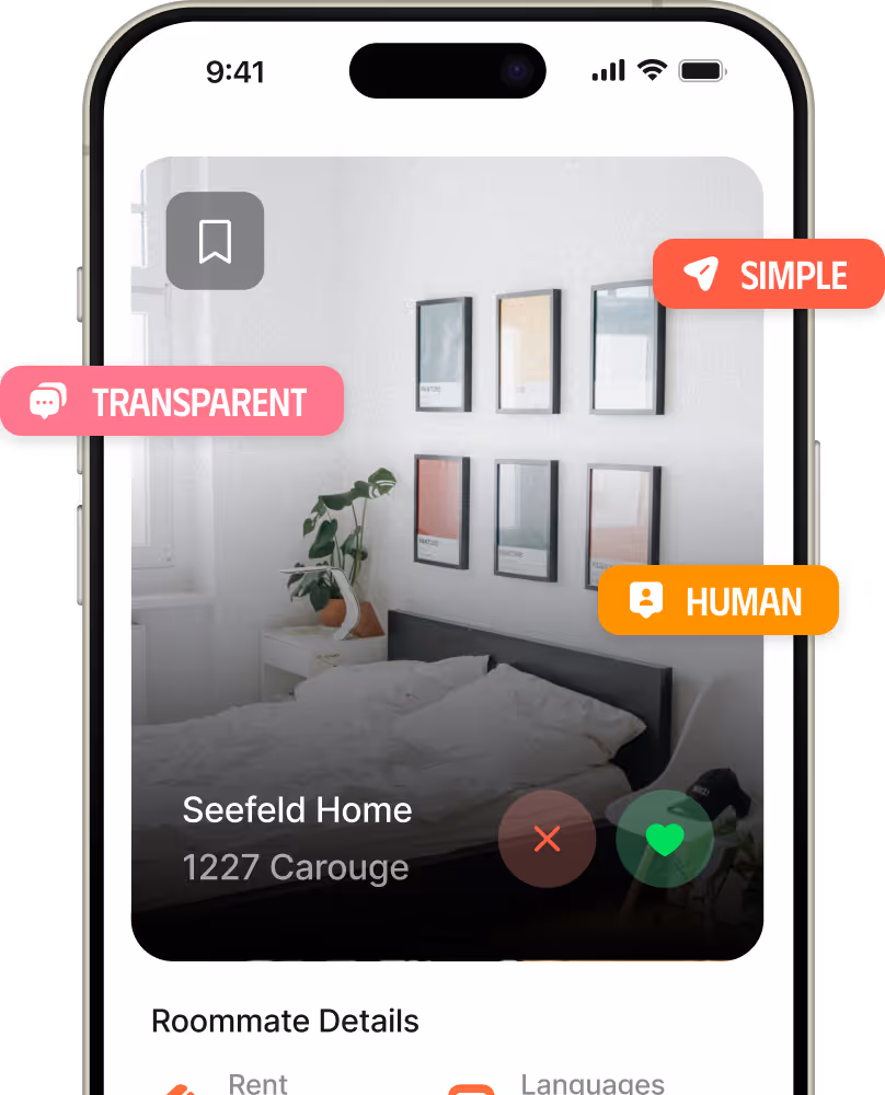 Mobile phone screen displaying a rental listing for a house with icons for rejecting or liking the listing.