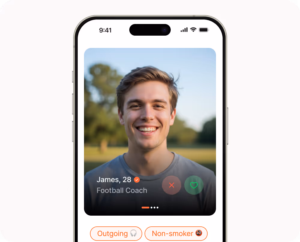 App UI Screen Showing Room mate candidate profile with option to like or reject