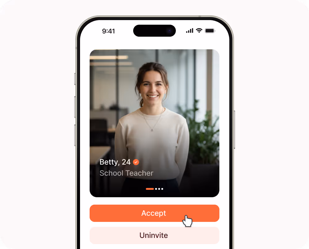 App UI Screen Showing Room mate candidate profile with option to accept or reject