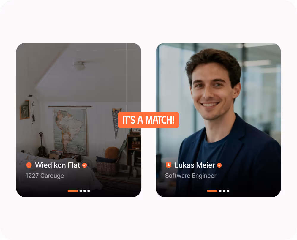 App screen with Left panel shows a Flat, right panel shows profile of man with their mutual match state.