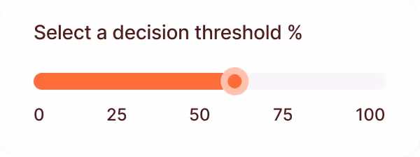 App screen showing a slider control with details to select a decision threshold percentage on a scale from 0 to 100.
