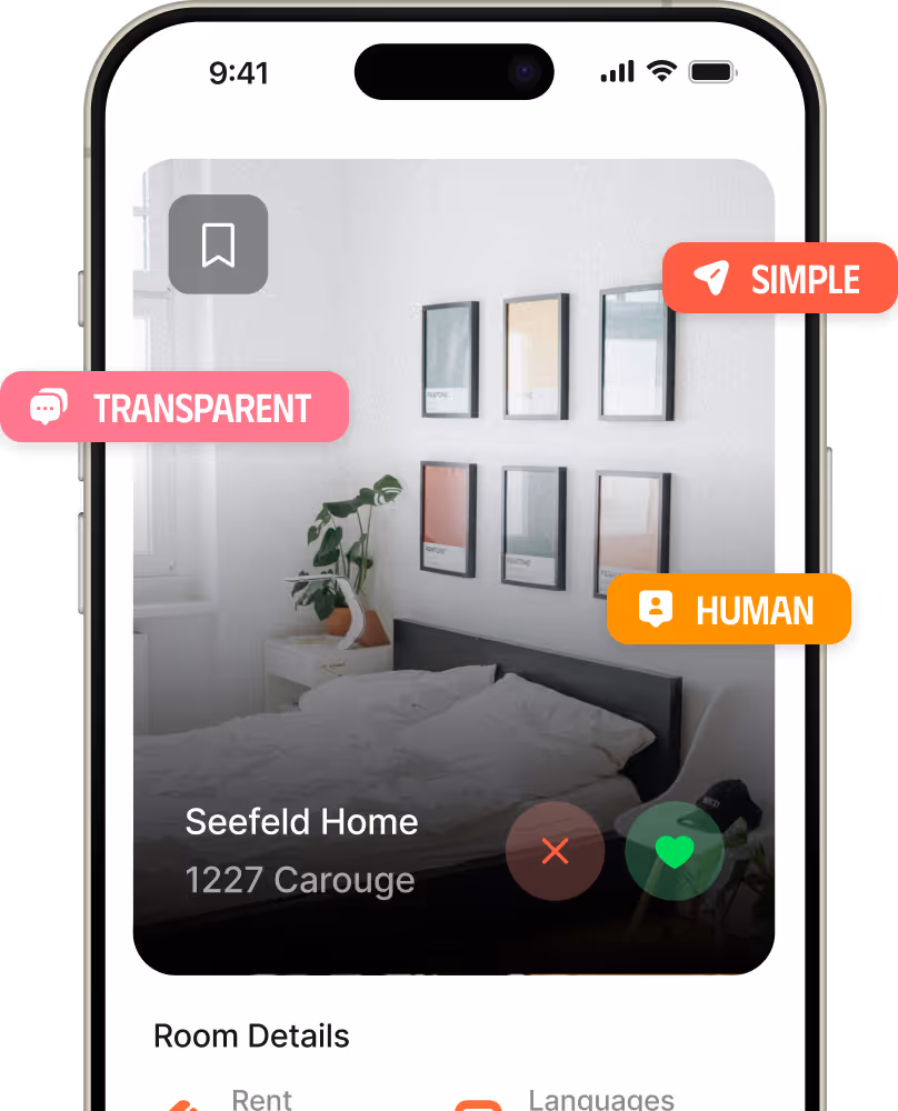 Mobile phone screen displaying a rental listing for a house with icons for rejecting or liking the listing.