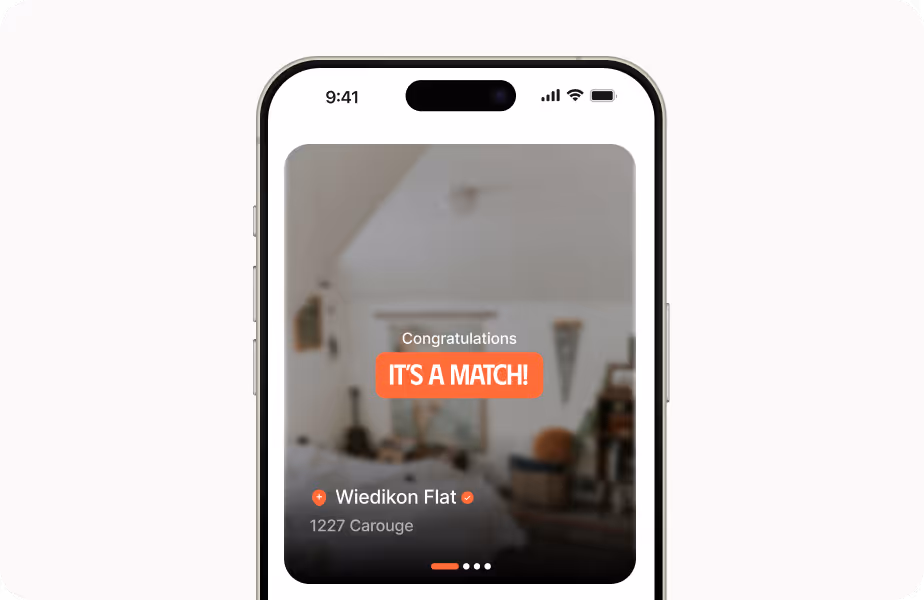 App screen shows a message 'Congratulations IT'S A MATCH!' for flat selection