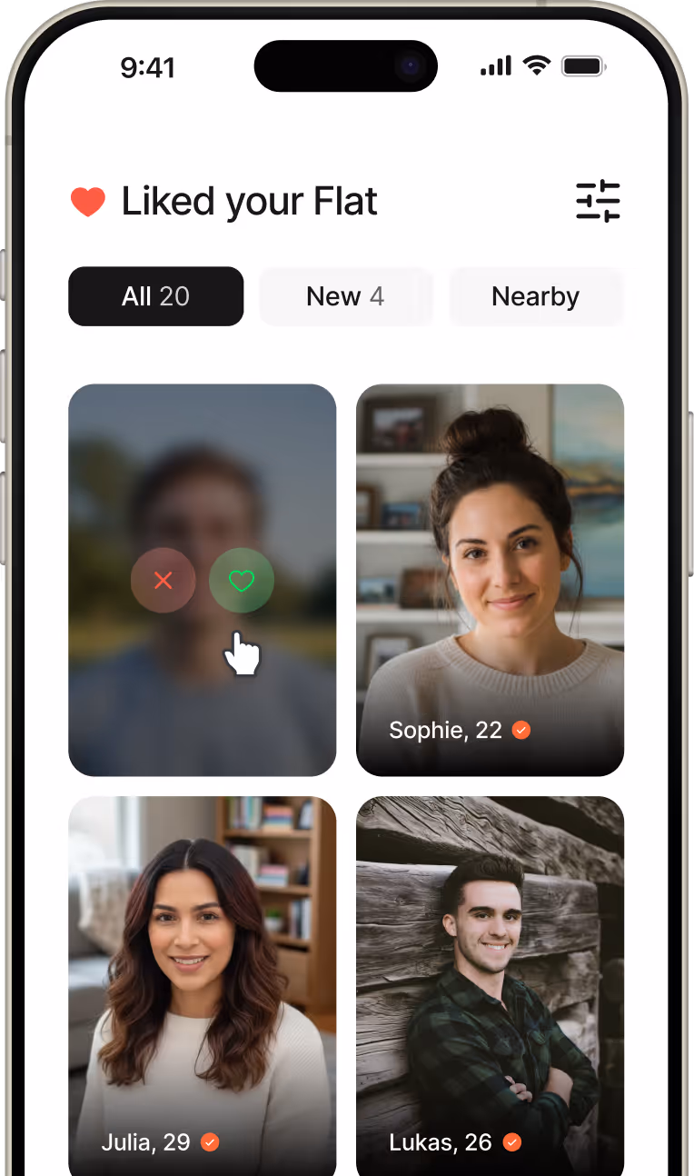 Flatable app screen showing profiles of different people who liked flat with options to like or reject them