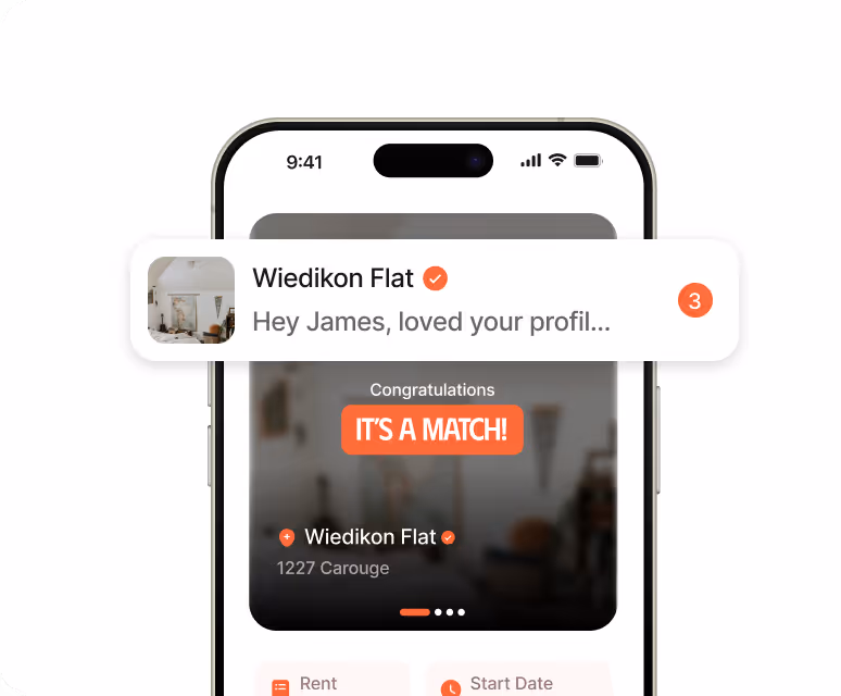 App screen showing a notification from a Flat with a message preview saying 'It's a match!' with property details below.