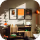 Modern living room with large window, orange sofa, coffee table, and framed artwork on the wall.