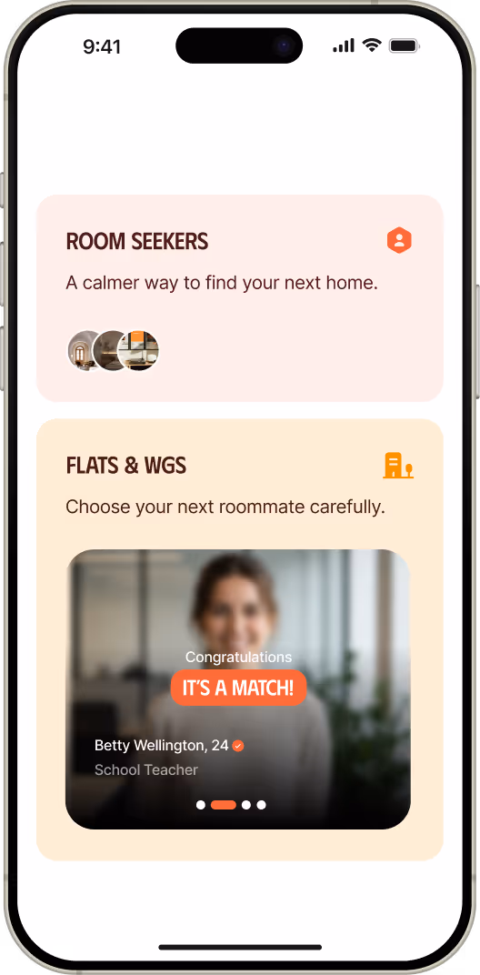 APP Ui screen showing a roommate and housing app with sections for Room Seekers and Flats & WGs, featuring a match notification for a profile.
